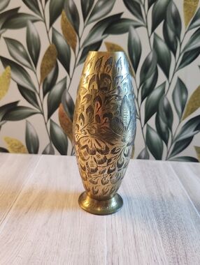 Vintage Ferba Brass Bud Vase Floral Etched Made in India 6" Boho MCM Decor